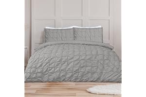 Sleepdown Duvet Cover Set - Grey - Rouched Pleats Geometric Pintuck - Ruched Quilt Cover Easy Care Bed Linen Soft Cosy Bedding Sets with Pillowcases - King (220 cm x 230 cm)