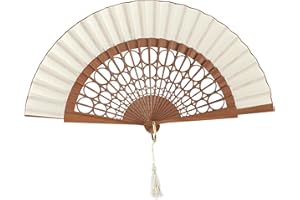 Komencu Handgefertigter Spanischer Fächer - 100% Baumwolle und Sipo-Holz - HandFächer aus Holz und Stoff - Fächer Damen (Weißer Kreis)