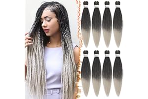 BARSDAR Cheveux Tressés Pré-étirés, 66cm 8 Packs Ombre Gris Longue Pre Stretched Braiding Hair pour Tresses Africaine Yaki Texture Synthétique Braiding Extensions de Cheveux - T1B/Silver#