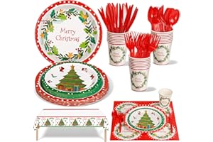 Nkaiso Christmas Party Tableware, 141 Pieces Christmas Paper Supplies Set Includes Christmas Paper Plates Napkins Cups Knives Forks Spoonsfor Christmas Themed Party Decor (20 Guests)