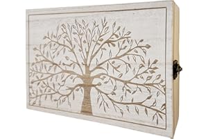 LEKE GO Caja para Llaves de Madera con 5 colgadores de Pared para Entrada, Armario para Llaves diseño Decorativa, Guardallaves para Recibidor 24x16,5x6 cm (Arbol de la Vida)