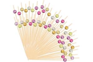 SelfTek Lot de 200 pics à cocktail en bambou avec perles synthétiques pailletées pour apéritifs, apéritifs, cure-dents pour boissons, nourriture, fruits, desserts, fournitures de fête (multicolore)