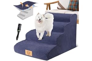 HEVOL Rampe pour Chien 4 Marches, Escalier pour Chien Blessés D'intérieur, Escalier pour Petits Chiens avec Housse Lavable pour Canapé, Lit, Appuis de Fenêtre, Bleu Foncé