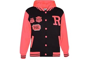 A2Z 4 Kids Filles Baseball Capuche Noir & Néon Rosé R Mode NYC/Fox Veste Varsity Style Manteau Long Manches Occasionnel Mode Cadeaux Âge 2-13 Ans