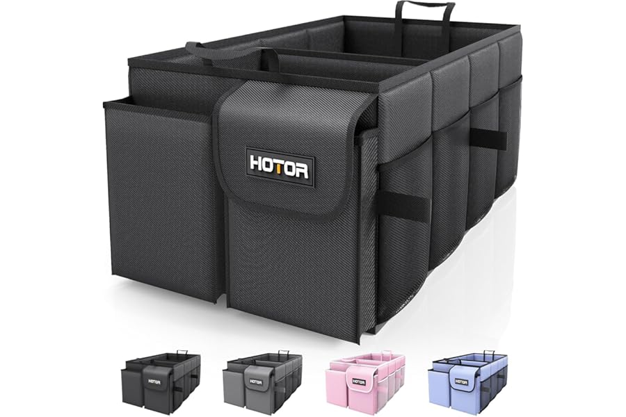 HOTOR Car Boot Oganiser - Large-Capacity Auto Trunk Organizer Collapsible Multi Compartments, Foldable Boot Storage for SUVs, Sturdy Car Accessories for Men Camping Tools, Black, 54.0 × 32.0 × 27.0 cm