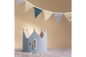 LG LITTLE GOODS Little Goods Geburtstagskrone inkl. Girlande (Krone und Wimpelkette) für Kinder - wendbare Musselin-Stoffkrone mit Zahlen 0-9 für Jungen, Mädchen in Pastell - Beige und warmen Tönen