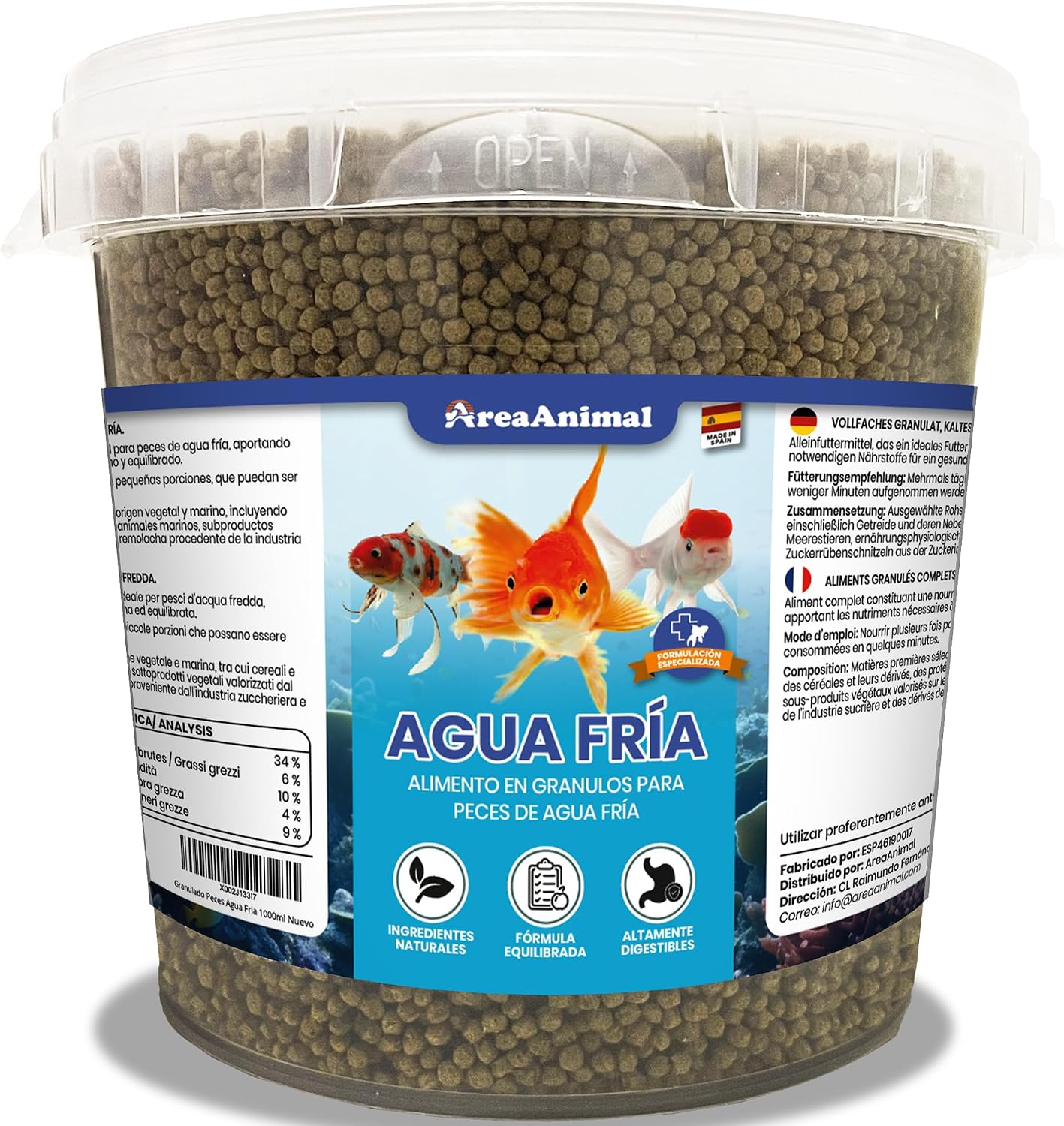 AreaAnimal - Comida Peces Agua Fria, Comida Granulos Peces 330G/750ML, Alimento para Goldfish, Koi y Cualquier Pez de Agua Fría, Fischfutter Enriquecida con Vitaminas y Minerales