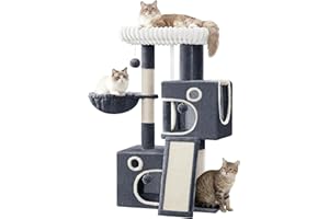 Hzuaneri 98cm Cat Tree, Cat Tower for Indoor Cats, Multi-Level Cats House Furniture with Scratching Post, 2 Caves, Large Platform, Scratching Ramp, Pompom, Dark Grey MS10118SG