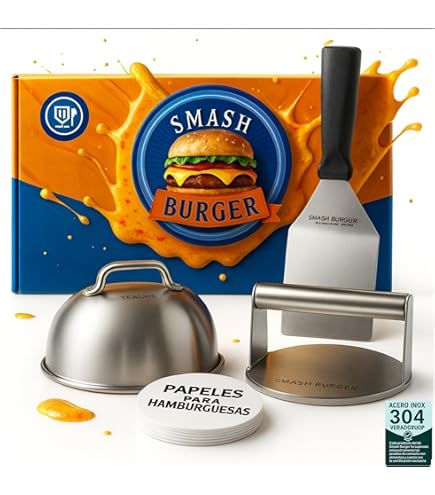Kit Smash Burger VIVLINE - Prensa Aplastadora 14 Cm + Campana Fundir Queso 22 Cm, Acero Inoxidable | Para Hamburguesas Caseras