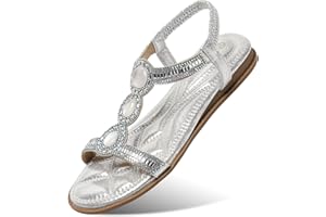 KUNWFNIX Summer Women's Flat Sandals Ladies Rhinestone Bohemian Walking Sandals Dress Shoes for Outdoor Beach Wedding