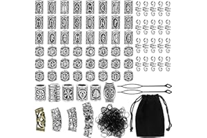 Queta 80 Rune Beads Set with 300 Rubber Bands, Viking Beard Beads, Antique DIY Hair and Beard Beads, Nordic Hair Jewellery, Braided Bracelet, Pendant Necklace, African Beads, Ceramic
