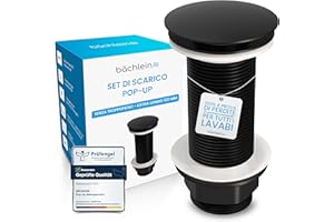 Bächlein Sifone di scarico universale universale extra lungo senza troppopieno (nero opaco), valvola pop up per lavabo