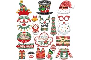 CASHLANDER 25 PCS Christmas Photo Booth Props, Funny Ugly Sweater Christmas Party Props Photo Booth, Christmas Xmas Santa Hat DIY Photography Selfie Props Set For Christmas Party Decorations Party Supplies