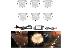 CHNXU 6 Spot LED Eclairage Extérieur Encastrable Sol Terrasse Bois,45mm Spots Encastré Extérieur Fait en IP67 DC12V 1W Avec Alimentation EU Pour Jardin Escalier Patio Blanc Chaud