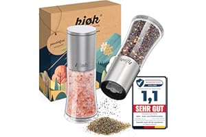 kjøk Premium Macina sale e pepe in acciaio inox spazzolato, vetro e senza BPA - set di 2 macinini manuale con meccanismo in ceramica regolabile - per spezie essiccate - senza contenuto