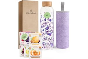 WATERDROP MICRODRINK waterdrop® Set San Valentín, Botella de Vidrio 1L + 18 Cubos para Agua, Set Regalo para Hombre y Mujer, 6 Sabores Aromatizados, 0 Azúcar, Botella para Agua