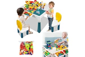 LARS360 6 w 1 Stół do Zabawy z Krzesłem, Aktywności i Pudełkiem do Przechowywania, Wielofunkcyjny Stół z Klocków, Dwustronny Blat (162 Bloki)