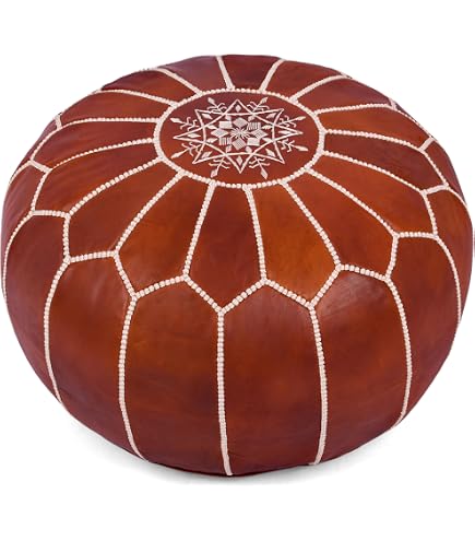 Marokkanischer Pouf Aus Ziegenleder – Handgefertigt, Tabakbraun Mit Weißer Naht | Ø 53 Cm, Unbefüllt