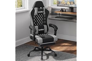 WOLTU Chaise Gaming Massante, Chaise Bureau Ergonomique, avec Coussin à Ressorts, Soutien Lombaire Massant, Appui-tête, Repose-Pieds, Tissu Maille, Charge 150kg, Noir+Gris