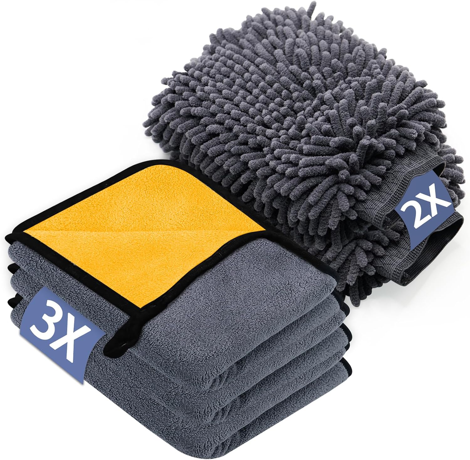 KALBIGRO Juego de 3 Piezas Bayeta Microfibra & 2 Piezas Manoplas de Secado Lavado, 600 g/m² Toalla Secado Coche para Secar Sin Arañazos y Pulir (40 x 30 cm)