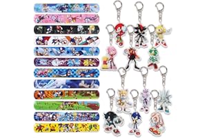 Clvsyh Fiesta Juguetes Sonic, 12 Piezas Llaveros Anime + 12 Piezas Juguete Slap Pulsera, Llavero de Goma, Snap Pulseras Fiesta Cumpleaños, para Niños y Niñas Fiesta de Cumpleaños, Fiesta Infantil