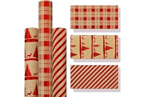Zindoo Papel Regalo Navidad 3 Rollo Grande 43x300 CM Kraft Rojo Resistente Reciclado para Familia Amigos Niños Hombres Mujeres