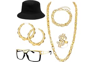 Roheafer 80s 90s Accessories Outfit for Women Men Hip Hop Costume Kit Statement Fake Gold Chain Bamboo Hoop Earring, Old School Rapper DJ Halloween Party Hat Sunglasses Earrings Chain Bracelet Ring