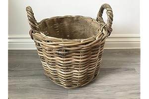 SMRL Round Kindling/Storage Basket, Hessian Lined, Excellent Quality, Very Strong Kuba Rattan (Small)