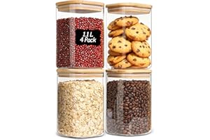 Comsaf Tarros de Cristal con Tapa, Frascos de Vidrio con Tapa, 1100 ml, Set de 4 Piezas, Adecuado para Setas Deshidratadas, Galletas Caseras, Discos de Algodón Comprimido