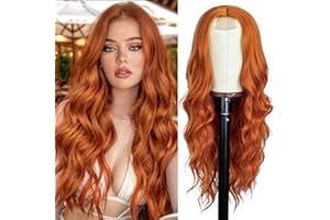 PORSMEER Parrucca ondulata lunga color rame arancione, con riga centrale in pizzo, riccia, ondulata, sintetica, resistente al calore, per uso quotidiano e feste, 66 cm