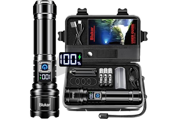 Blukar Lampe Torche LED Ultra Puissante Super Lumineux, Lampe de Poche Rechargeable 5000mAh, Zoomable 5 Modes, IP67 Étanche, Longue Durée LED Torche pour Camping Randonnée Pêche Urgence