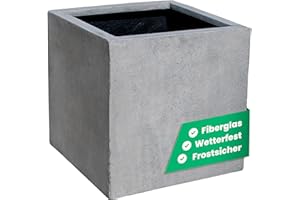 VIVANNO Pflanzkübel Fiberglas Block Frostsicher - 60x60x60 cm - Beton-Design Grau - Blumenkübel Quadratisch für Draußen und Drinnen