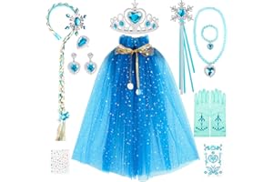 DONGQI 12 PCS Costume Vestito Bambina Principessa, Elsa Corona Bacchetta Guanti Treccia, Elsa Costume di Cosplay Party Halloween Costume Abito delle Ragazze di Natale Vestito Fantasia