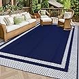 HappyTrends Outdoor Rug Reversible Portable Plastic Straw Camping Rugs for Outside RV,Large Waterproof Outdoor Area Rugs for Patio,Deck,Porch,Balcony (5'x 8',White&Blue)