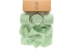 Vitalizart Lot de 3 rouleaux de ruban en mousseline de soie fait à la main Vert sauge 3,8 cm x 20 m Bords effilochés pour invitations de mariage, bouquets de mariée, cadeaux, travaux manuels,
