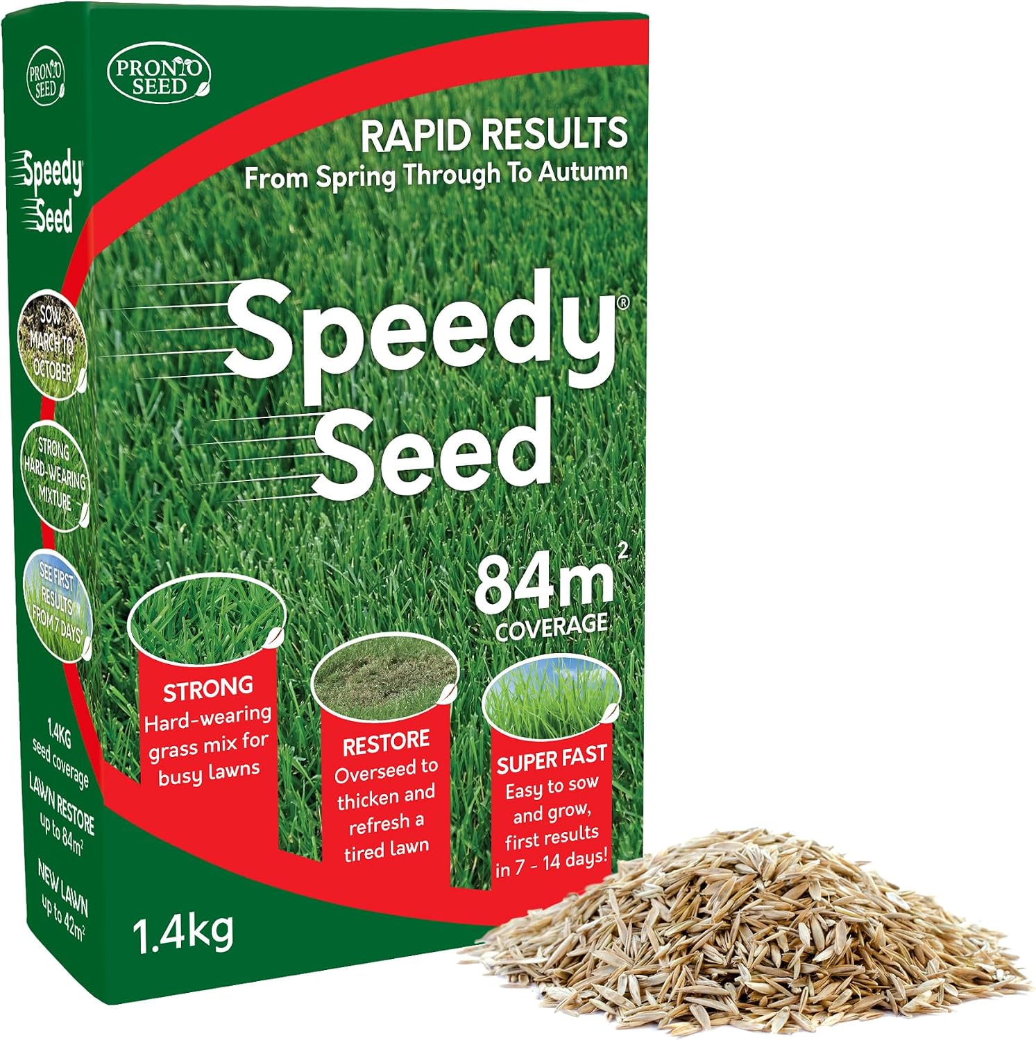 Pronto Seed Premium Fast Growing Grass Seed 1.4kg – Hard Wearing Lawn Seeds for Overseeding & New Turfs – Covers 84m, Hard Wearing, DEFRA Approved & Tailored for UK Climate (1.4kg)