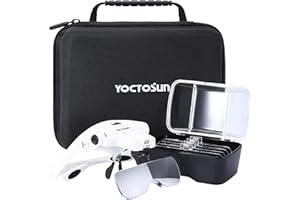 YOCTOSUN Magnifying Glasses with Light, Head Mount Magnifier with 5 Lenses, Headband, Storage Case, Hands Free LED Lighted Head Magnifying Visor for Close Work Hobby Crafts