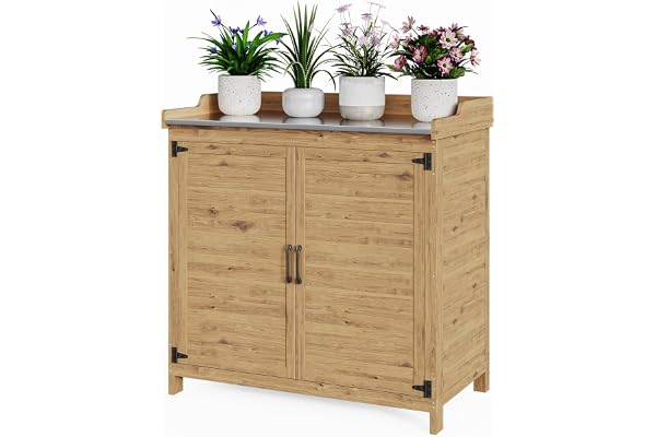 Bealife Table à Plantes avec Rangement, Table de Rempotage Extérieure, Armoire de Rangement de Jardin avec Plan de Travail avec étagère Mobile pour Jardin, Balcon, Terrasse, 98 x 48 x 95 cm, Naturel