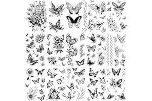 Acevegue 20 Fogli Tatuaggi Temporanei Donna Tatuaggi Adesivi Adulti, Piccoli Tatuaggi Farfalla Nera Da Attaccare Su Ragazze Signore, 3D Realistico Tatuaggi Finti Adesivi Pelle Fiori Farfalla