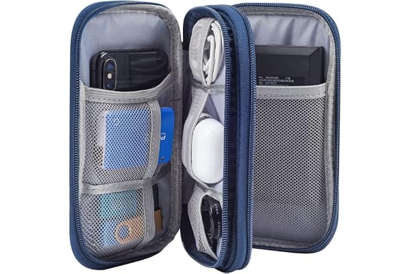 WISHKEY Cable Organizer Pouch for Travel Double Layer Electronic Accessories Bag for Cables, Charger, Power Bank, Earphones, USB, Hard Drive Durable Nylon Tech Organizer with Mesh Pockets (Blue)