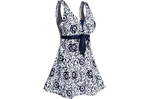 Ecupper Maillot de Bain Une Pieces pour Femme Rétro Jupe avec Volantée Contrôle du Ventre Push Up Col en V