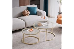 GrandCA HOME 2er Set Runder Couchtischen, Satztischen für das Wohnzimmer, Goldrahmen,Glas-Desktop,Große Größe: 60x60x45cm; Kleine Größe: 40 x 40 x 35 cm