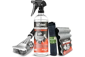 BIO-CHEM CLEANTEC Bio-Chem - Spray nettoyant pour barbecues 0,75L + Chiffon en Microfibres, Brosse et éponge - Spray degraissant prêt à l'emploi pour plancha, Grille Barbecue