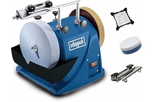 Scheppach Tiger 2000S Wet Bench Grinder | 200mm Corundum Whetstone | 120W | Leather Honing Wheel | Universal Grinding Jig & Angle Gauge | for Workshop Tools & DIY