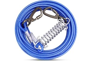 ZZOHAA Blue Dog Tie Out Cable with Spring Swivel Lockable Hook,Heavy Duty Dog Chains for Outside Pet Runner Cable Leads for Yard Camping for Dogs Up to 500 LB（6m）