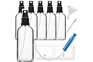HandsUnity 100ml-6 piezas de Botella de Vidrio para Rociador - Botellas de Vidrio Transparente para Farmacia con Botella de Vidrio Atomizador Negro Hecha de Vidrio Claro que incluye 17 Accesorios