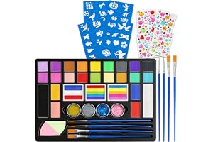 AYBUY Barnsminkset, 24 färger, smink, karneval, barnsmink, karneval med pensel, glitter, tatueringsmallar, tvättbar ansiktsmå