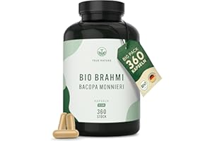 ‎TRUE NATURE Bacopa Monnieri Brahmi - High Dose: 1,500 mg with 2.5% Bacoside - Big Pack: 360 Capsules - Brahmi Capsules Organic, Small Fat Leaf - Ayurveda, Vegan - No Additives - TRUE NATURE