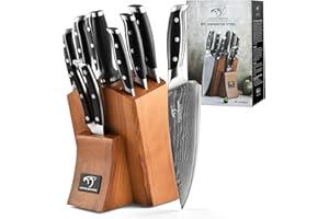 NANFANG BROTHERS Set di Coltelli con Blocco, 9 Pezzi in Acciaio Inossidabile di Damasco, Set di Coltelli da Cucina, Senza Ruggine, Set di Coltelli Affilati con Blocco