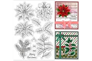 GLOBLELAND Christmas Winter Plants Clear Stamps Poinsettia Mistletoe Holly Pine Silicone Clear Stamp Seals for Cards Making DIY Scrapbooking Photo Journal Album Decoration